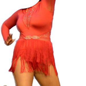 Red Jazz Costume with attached fringe skirt